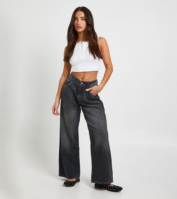 Petite Washed Mid Waist Boyfriend Jeans