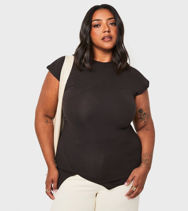 Curve Ruched Side V Hem Cap Sleeves Top