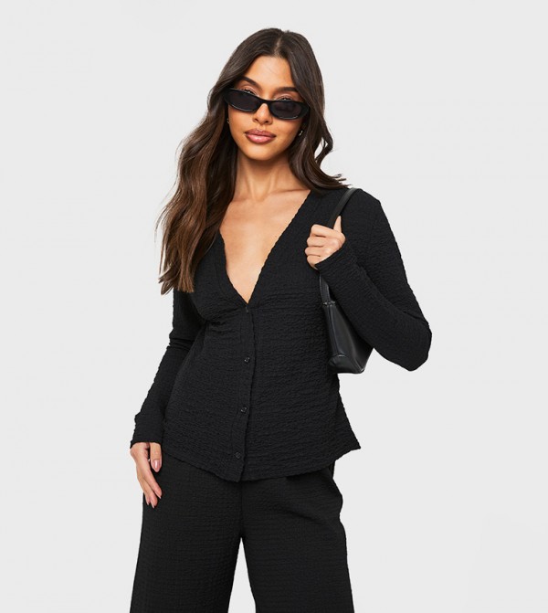 Textured Button Through Long Sleeves Top