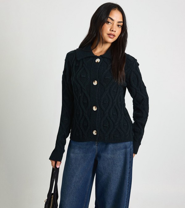 Chunky Cable Knit Collared Cardigan