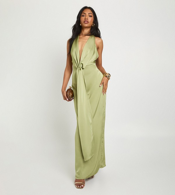 Satin Halterneck Plunge Drape Detail Maxi Dress