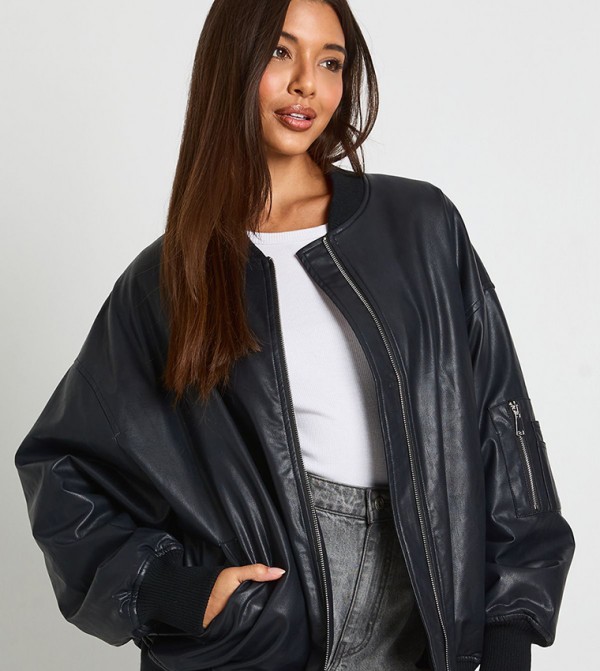 Faux Leather Oversized Bomber Jacket