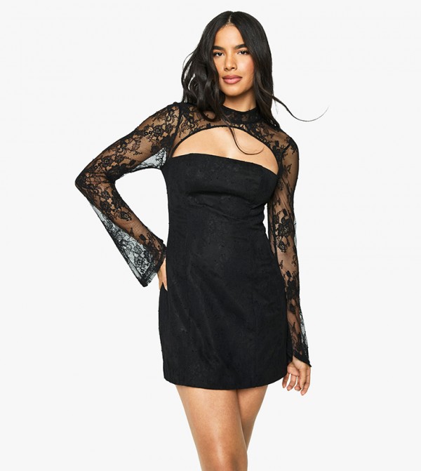 Premium High Neck Lace Structured Mini Dress