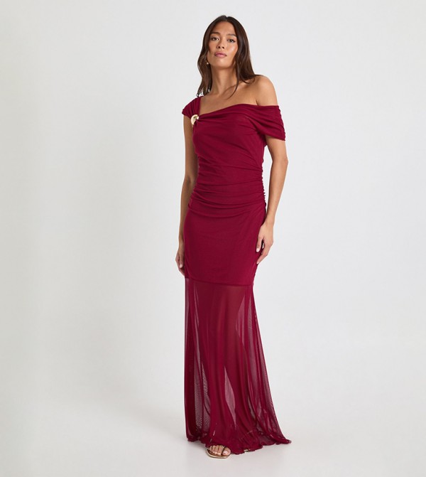 Metal Accent Asymmetric Neck Mesh Maxi Dress