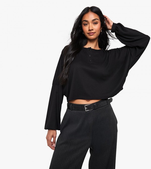 Brushed Ribbed Henley Button Long Sleeves Slouchy Top
