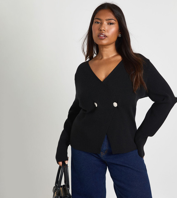 كارديغان لف بياقة V وأزرار ذهبية للمقاسات الكبيرة