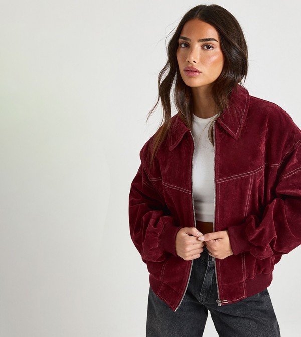 Petite Faux Suede Contrast Stitch Bomber Jacket