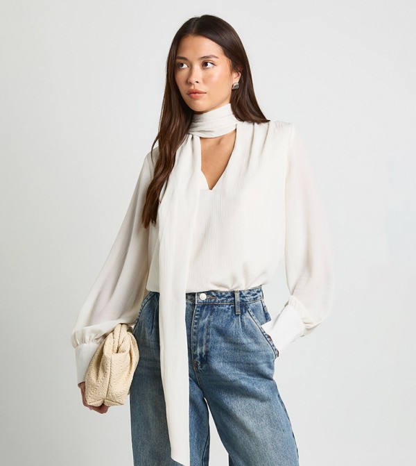 Scarf Detail Crinkle Chiffon Top