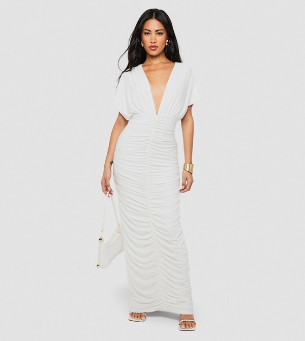 Ruched Double Layer Plunge Batwing Maxi Dress