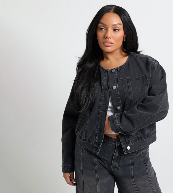 جاكيت جينز بدون ياقة للمقاسات الكبيرة