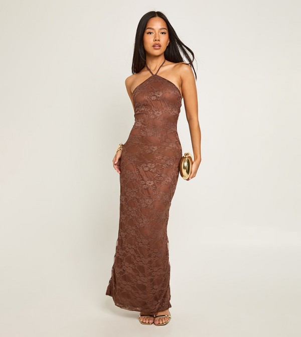 Petite Lace Halterneck Column Maxi Dress