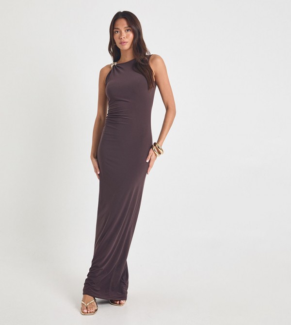 Asymmetric Gold Trim Maxi Dress