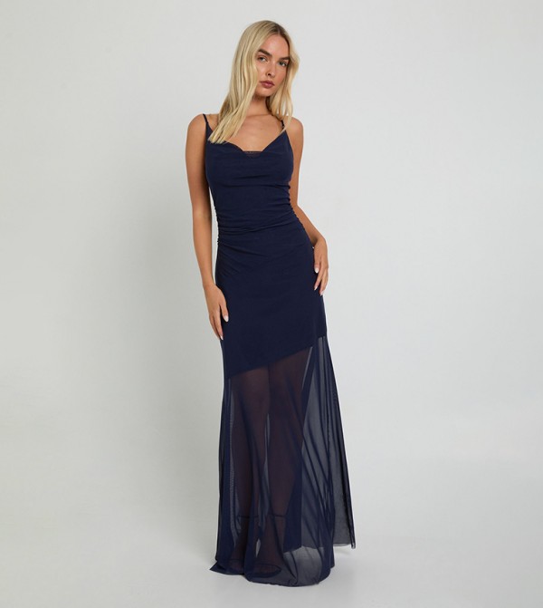 Cowl Neck Ruched Mesh Maxi Dress