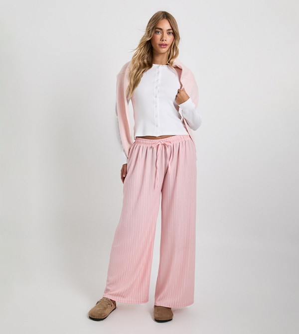 Textured Drawstring Waist Wide Leg Trousers