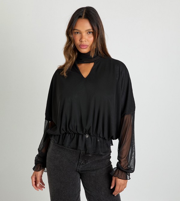 Long Sleeves V-Neck Mesh Top with Scarf