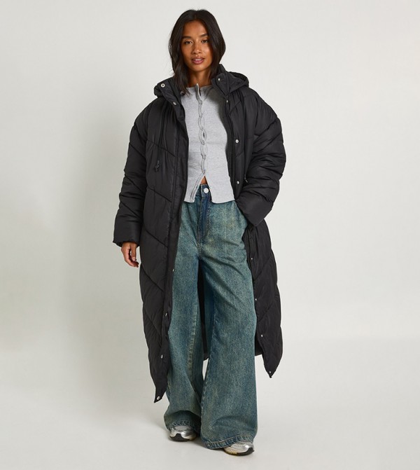 Petite Hooded Quilt Detail Maxi Puffer Jacket