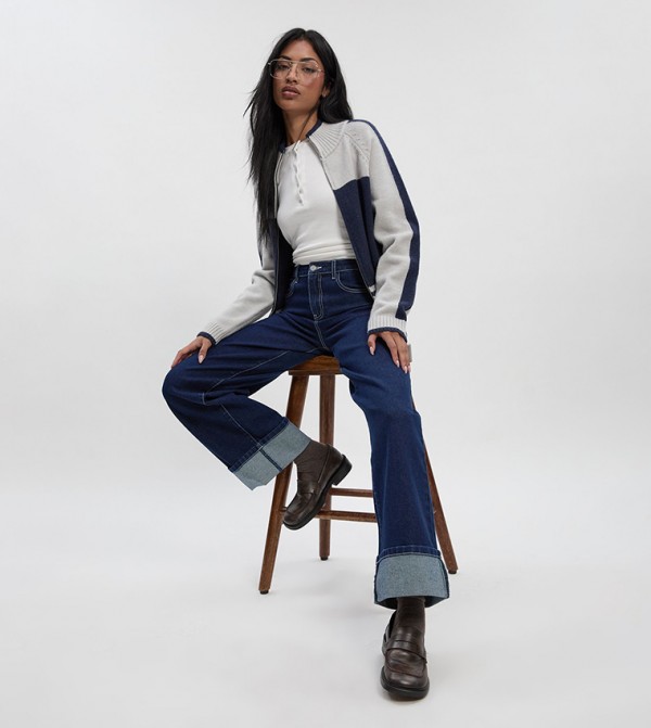 Turn Up High Waist Straight Leg Jeans