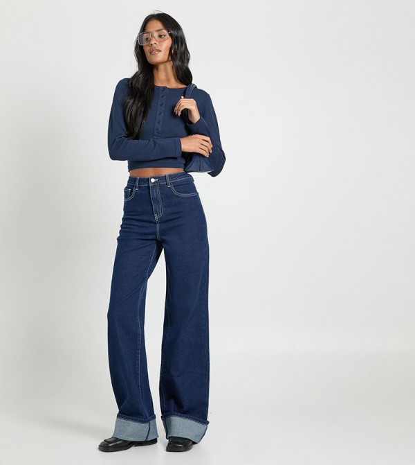 Tall Turn Up High Waist Straight Fit Jeans