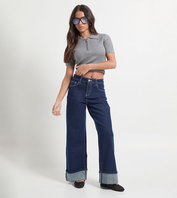 Petite Turn Up High Waist Straight Leg Jeans