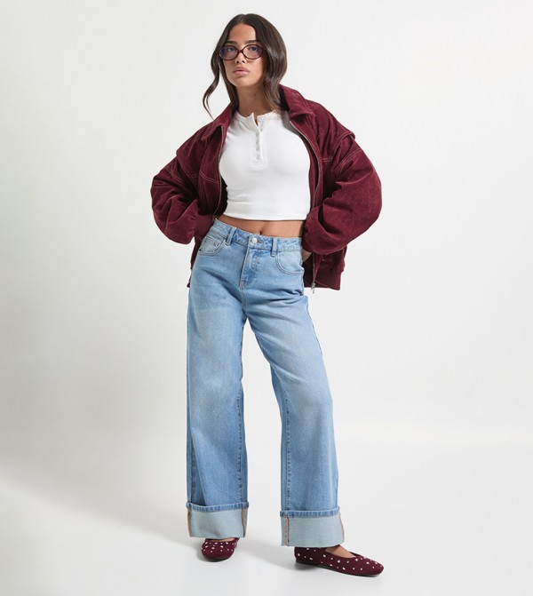 Petite Turn Up High Waist Straight Leg Jeans