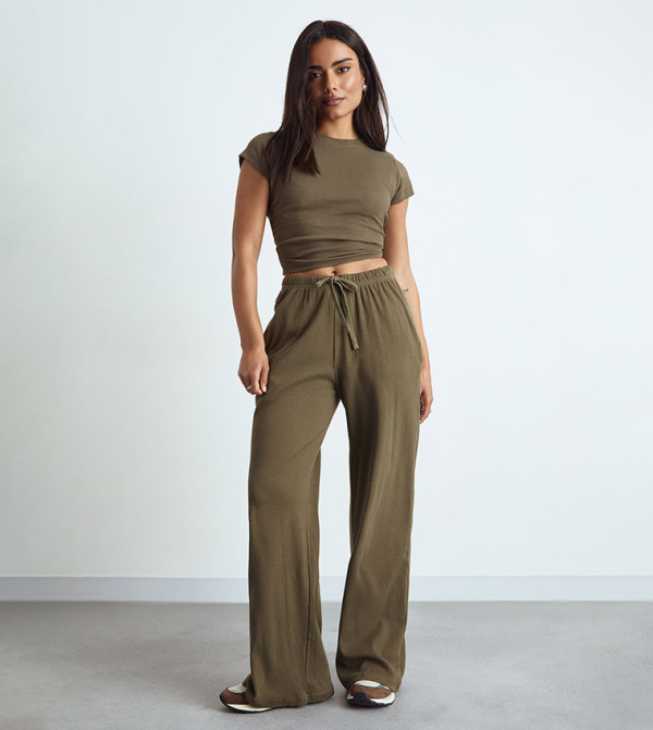 Ribbed Drawstring Waist Wide Leg Sweatpants