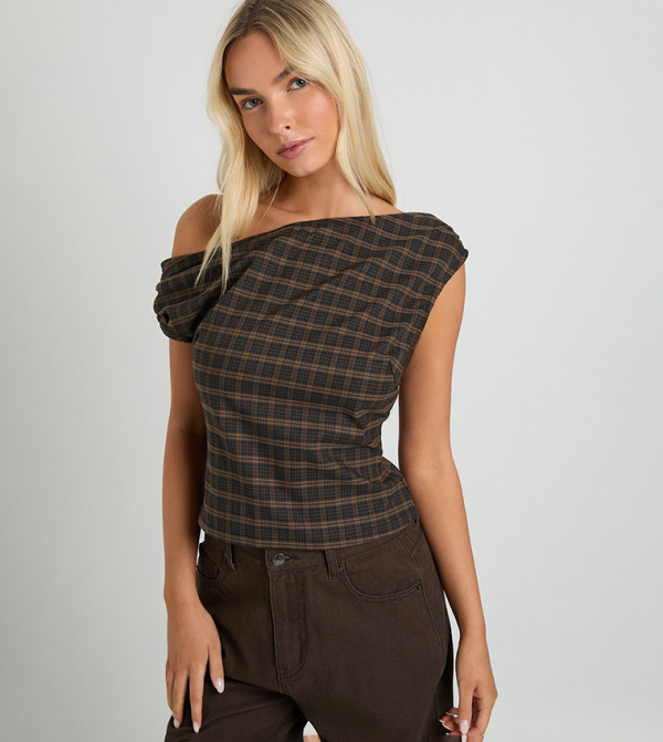 Plaid Asymmetric Neck Top