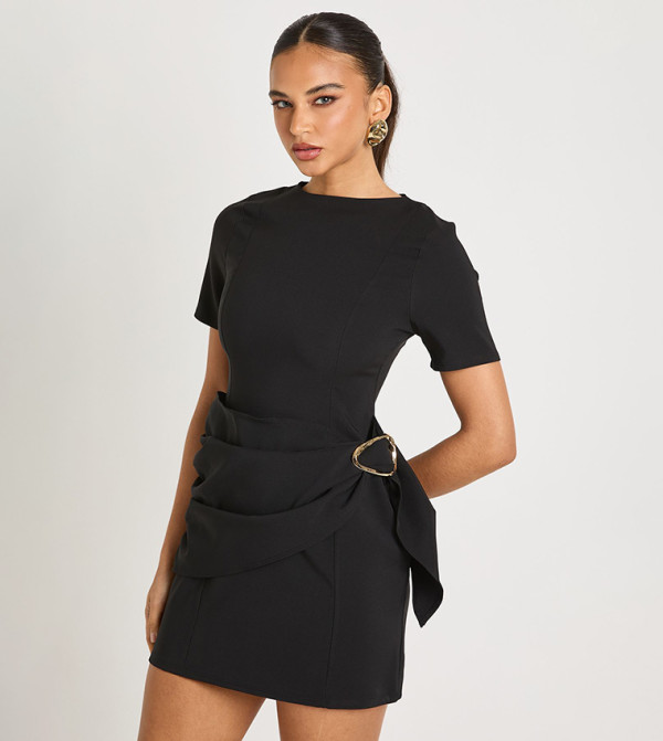 Belted Wrap Trim Detail Shift Mini Dress