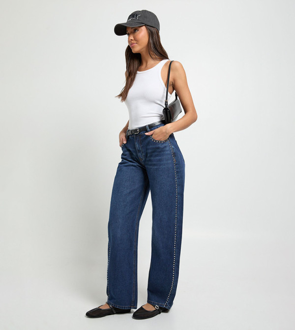 Studded Mid Waist Barrel Fit Jeans