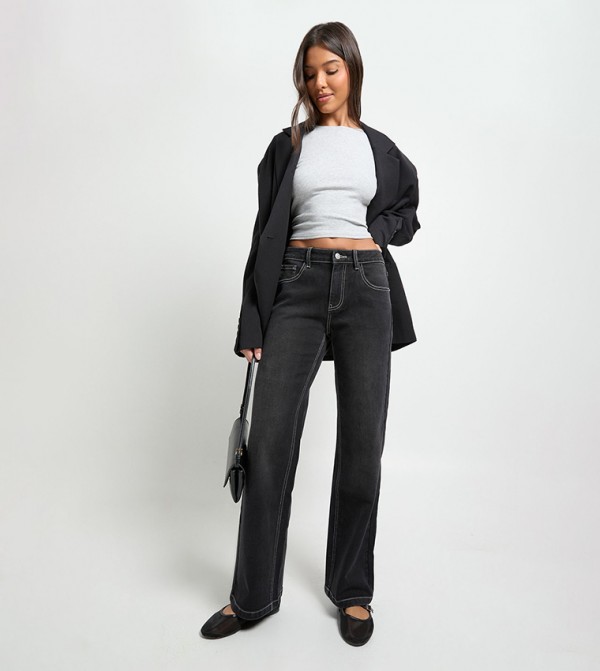 Washed High Waist Straight Fit Jeans