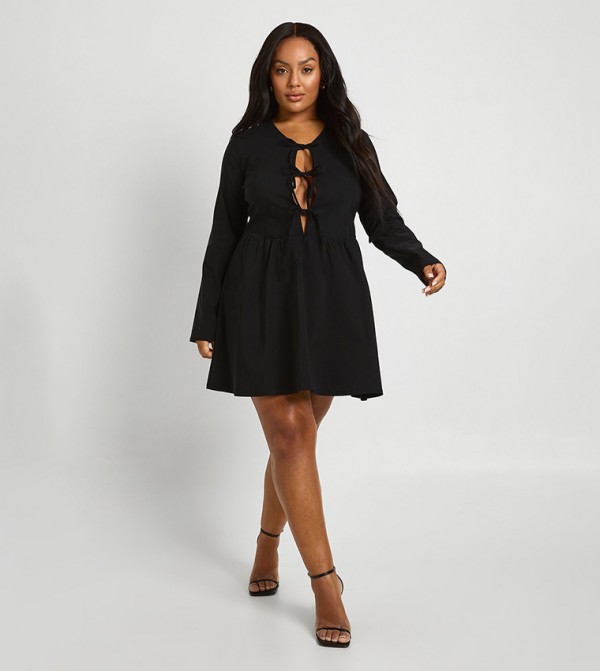 Curve Tie Front Long Sleeves Skater Dress