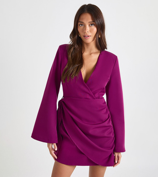 Ruched V-Neck Long Sleeves Mini Dress