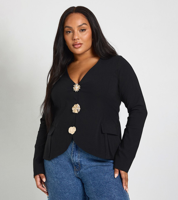 Curve Embellished Button Detail Top