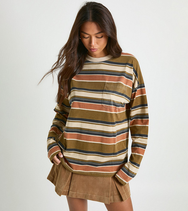 Striped Long Sleeves Pocket Detail T-Shirt