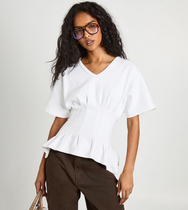 Interlock V-Neck Cinched Waist Peplum Top