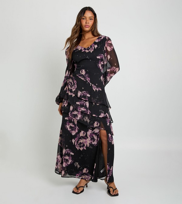 Floral Chiffon Floral Frill Maxi Dress
