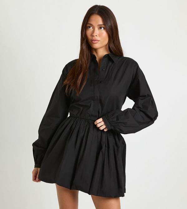 Solid Long Sleeves Puffball Shirt Dress