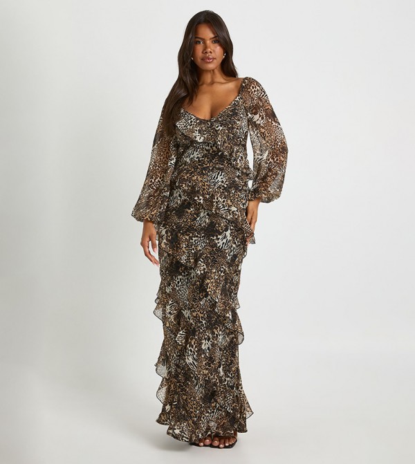 فستان ماكسي شيفون مكشكش بطبعة 