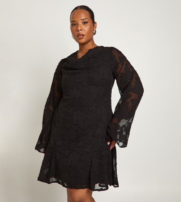 Curve Burnout Cowl Neck Front Ruffle Skater Mini Dress