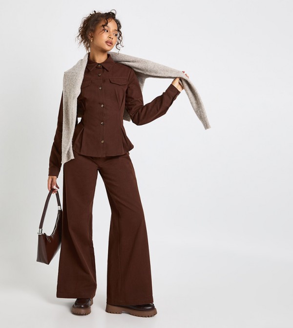 Twill High Waist Wide Leg Trousers