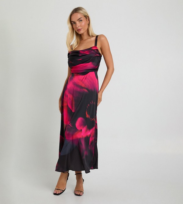 Floral Printed Satin Corset Midaxi Dress