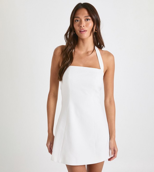 Solid Halterneck Tailored A-Line Dress