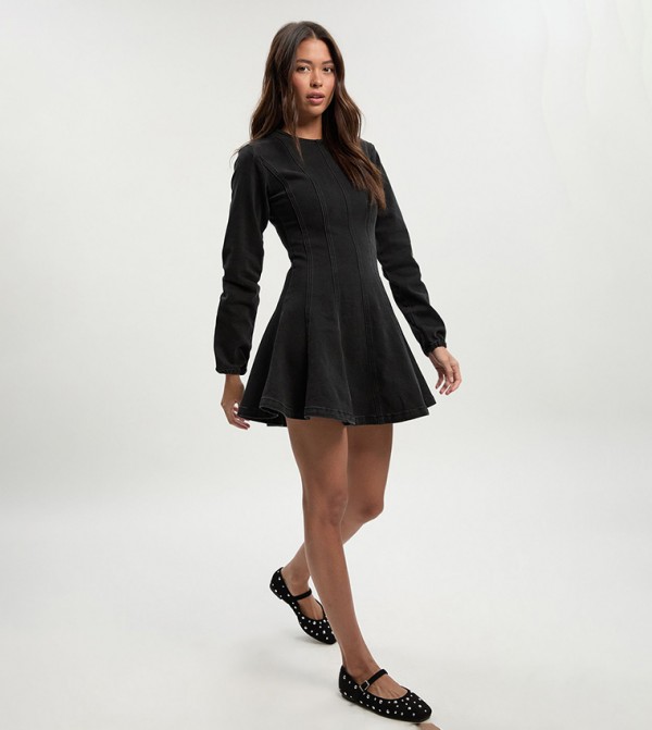 Long Sleeves Seam Detail Mini Denim Dress