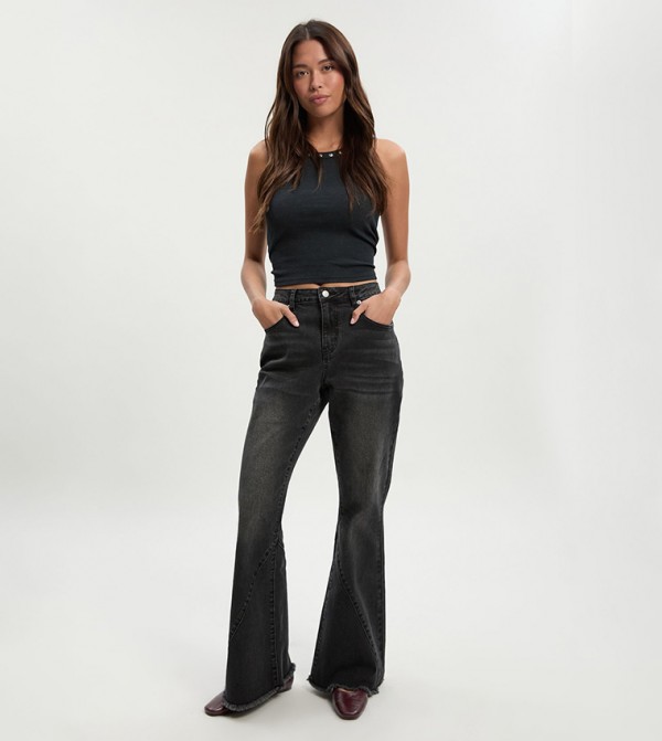 Mid Waist Seam Detail Super Flared Jeans