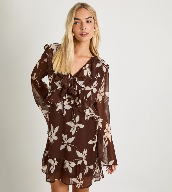 Floral Printed Chiffon Flared Sleeves Mini Dress