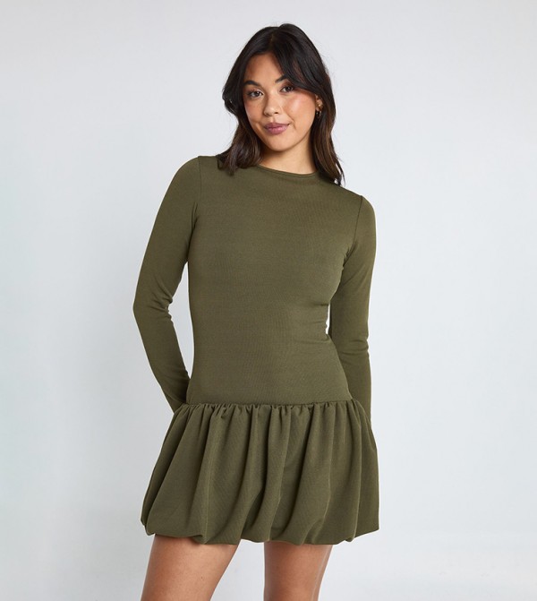 Ribbed Long Sleeves Puffball Mini Dress