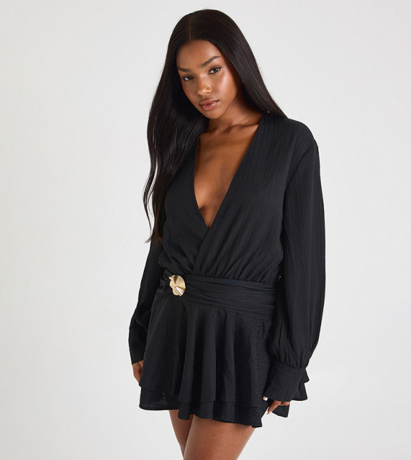 Textured Gold Trim Drop Hem Mini Dress