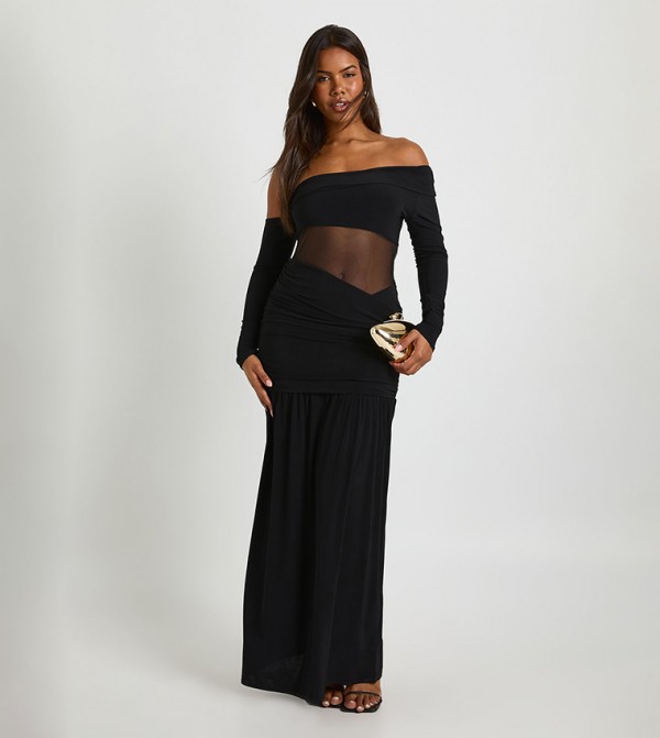 Asymmetric Mesh Cut Out Maxi Dress