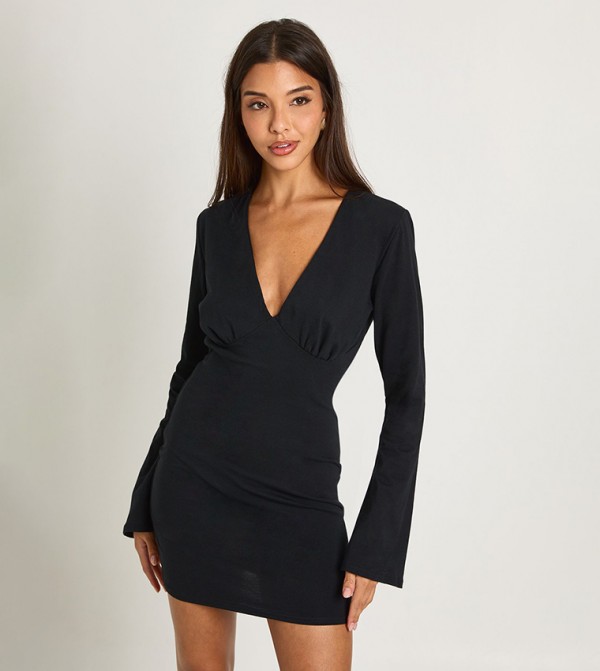 V-Neck Long Sleeves Mini Dress