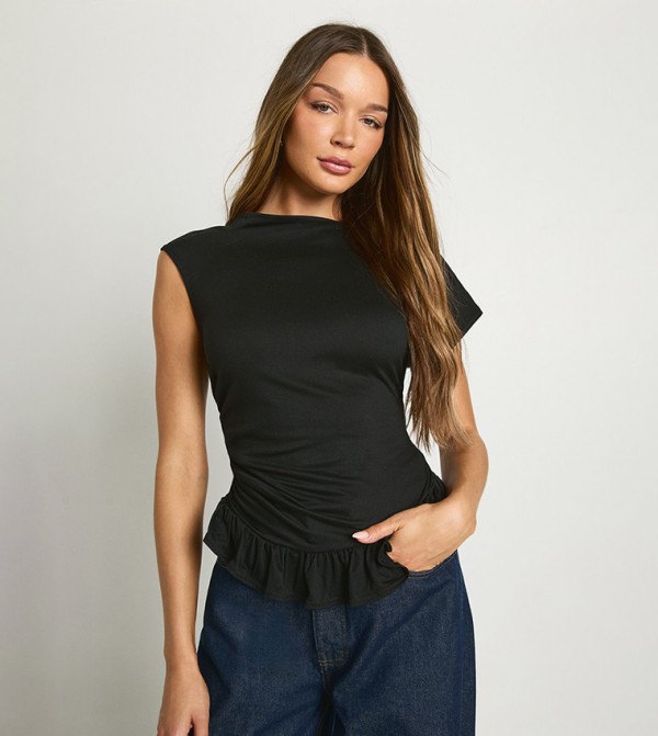 Peached Jersey Wide Neck Frill Hem Top