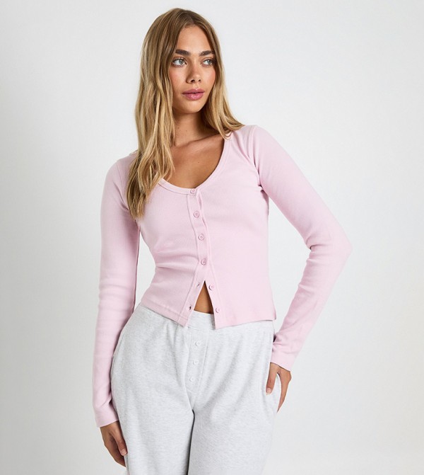 Ribbed Button Through V-Neck Long Sleeves Top